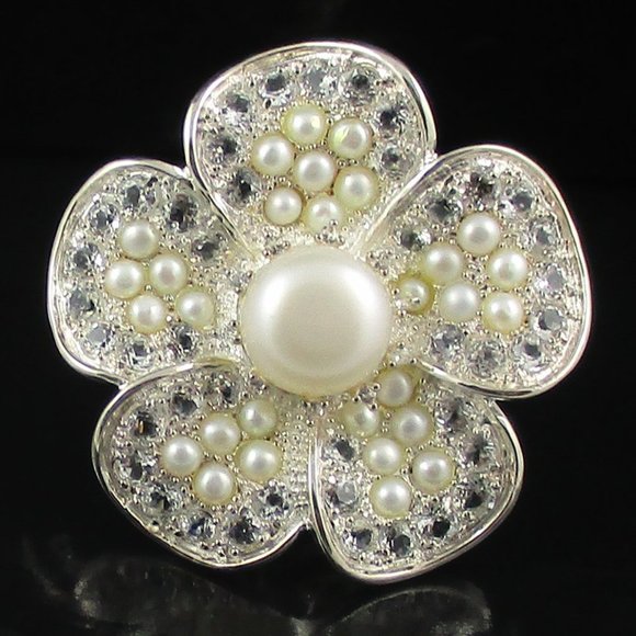 Cultured Pearl & White Topaz Flower Ring - Picture 5 of 10